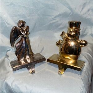 BX44 Vintage Gold and Silver Angel and Snowman Stocking Holder Figurines